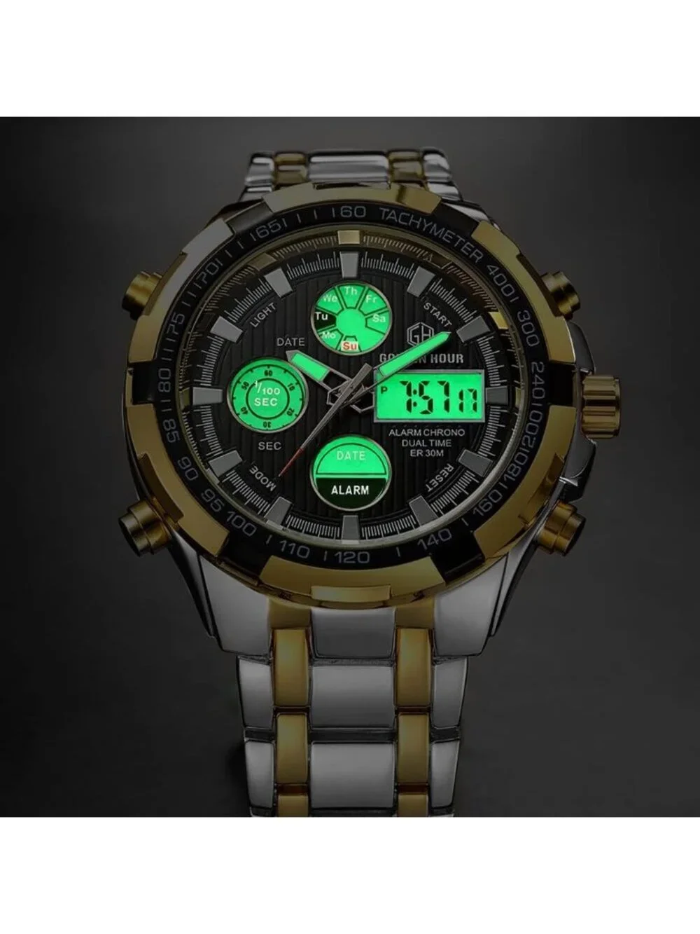 Mens Silver Black Stainless Steel Analog Digital Outdoor Waterproof Luxury Watch